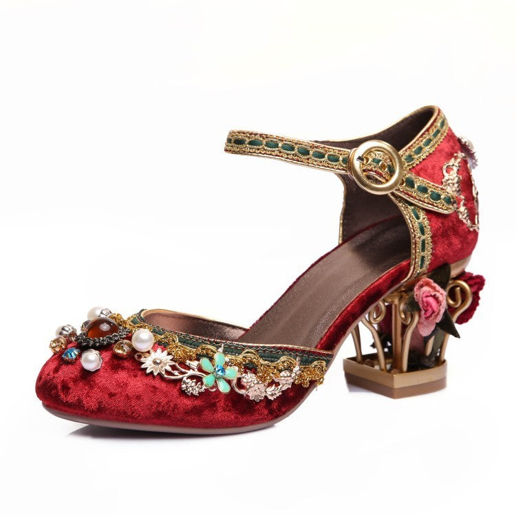 MW | Frauen floral Schnalle Hochzeit Stein Schuhe