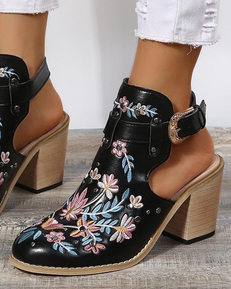 MW | Floral Stickerei Nieten Slingback Schnalle Heels