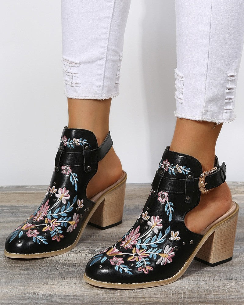 MW | Floral Stickerei Nieten Slingback Schnalle Heels