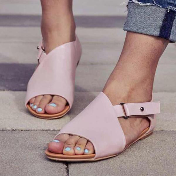 MW | Damen Peep Toe Schnalle Flats Sandalen
