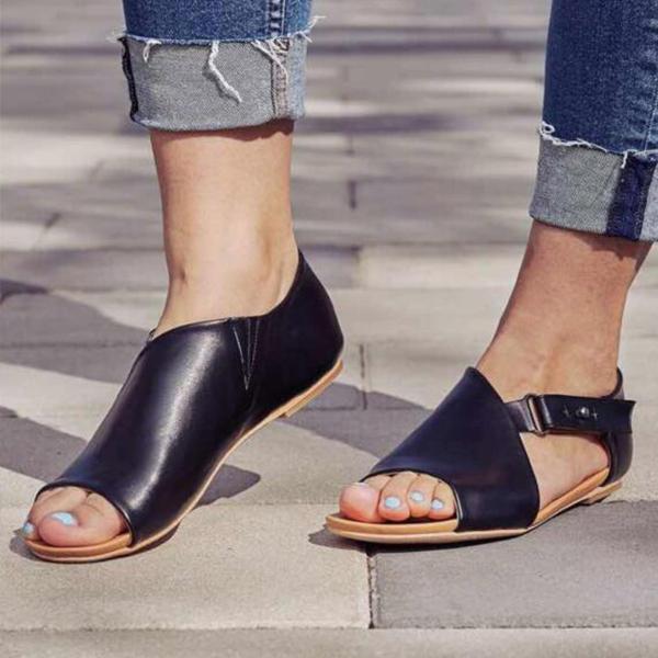 MW | Damen Peep Toe Schnalle Flats Sandalen
