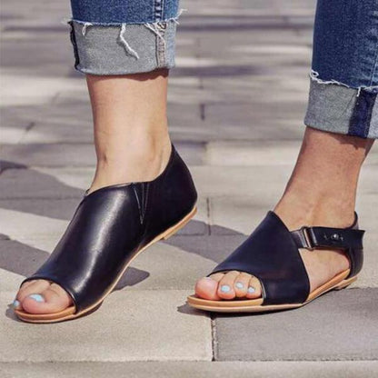 MW | Damen Peep Toe Schnalle Flats Sandalen