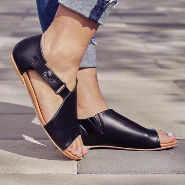 MW | Damen Peep Toe Schnalle Flats Sandalen