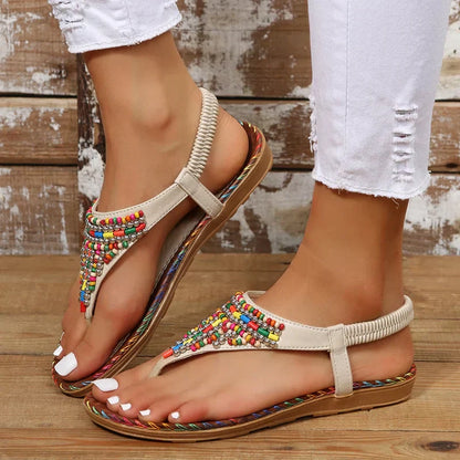 MW | Frauen Perlen ethnischen Stil Boho T-Riemen Slip On